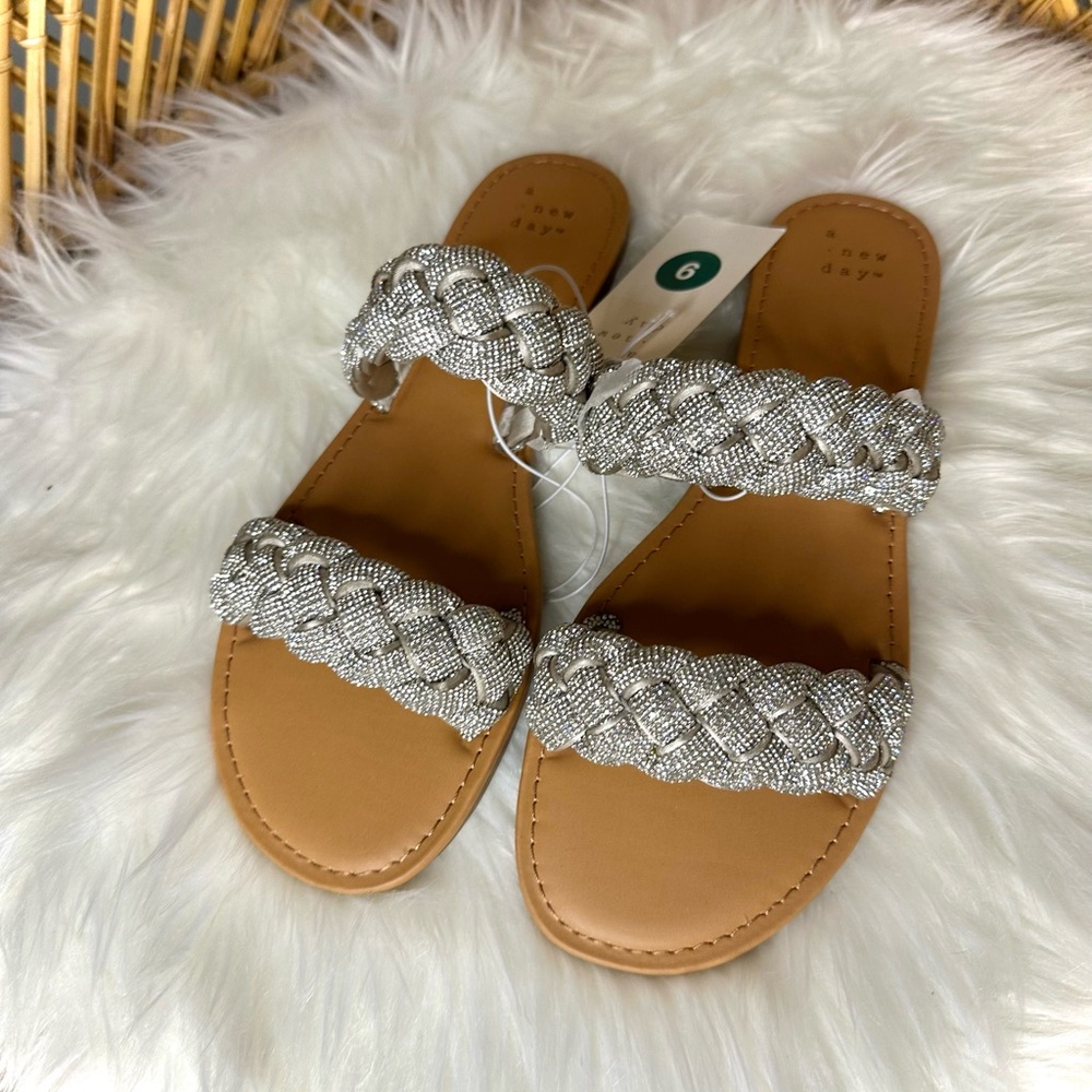 Silver Rhinestone Braided Slide Sandals – Sparkly Flat Sandals – Size 9 – NWT